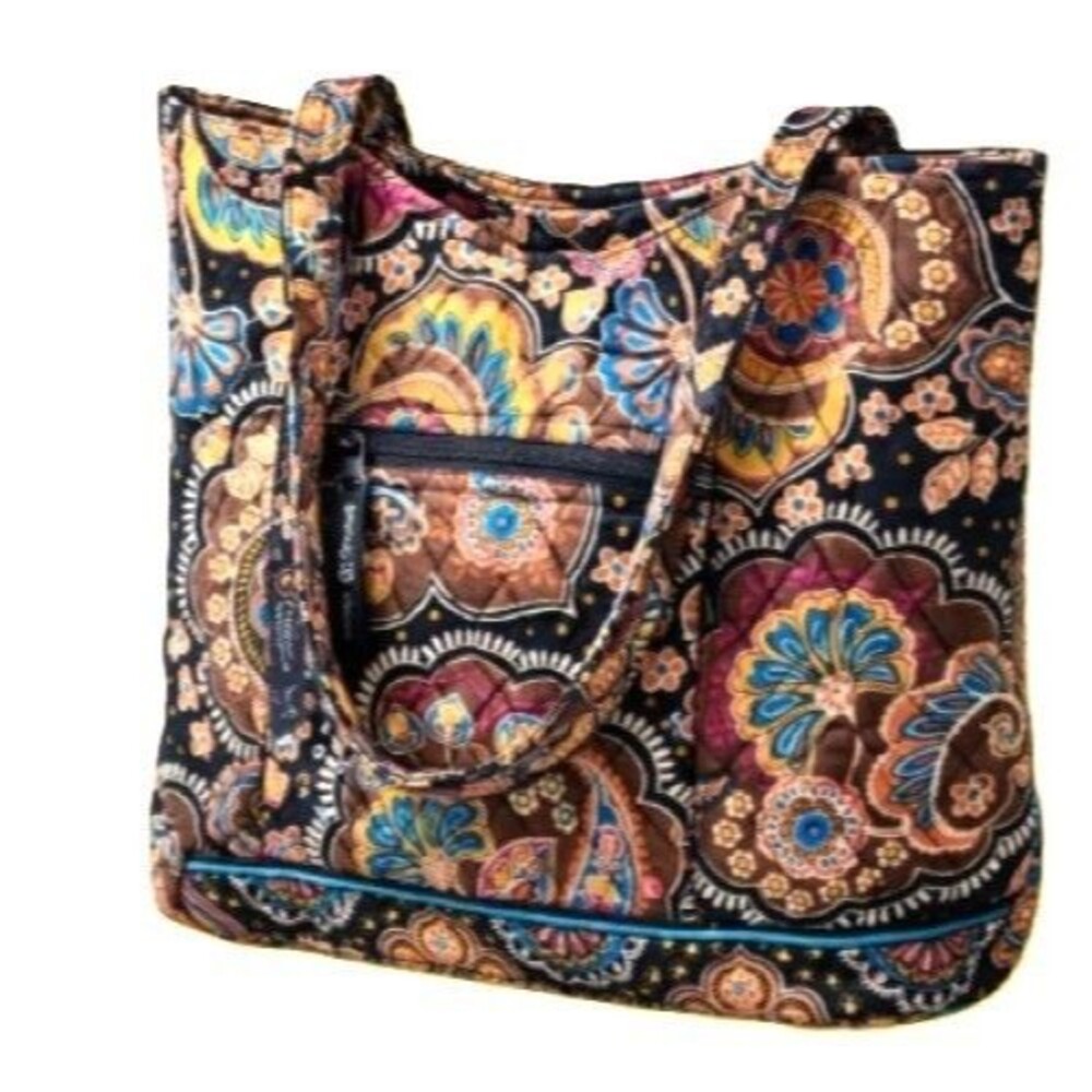 Vera Bradley Quilted Floral Tote Bag Black Multicolor Zip Top Shoulder Purse